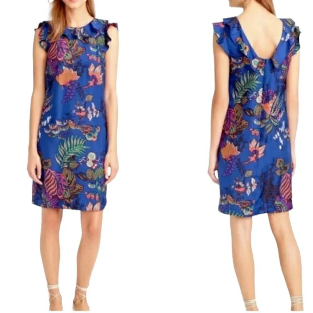J. Crew Silk Blue Floral Ruffle Collar Sleeveless Dress V Back